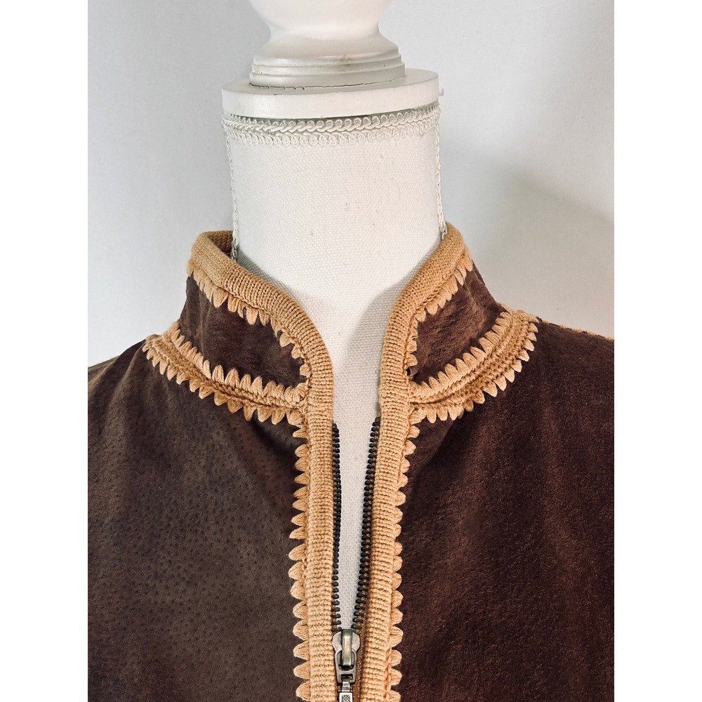 Vintage Lisa Suede Knit Zip Up Cardigan Tan Brown Western Boho Y2K Jacket Large - Picture 2 of 12